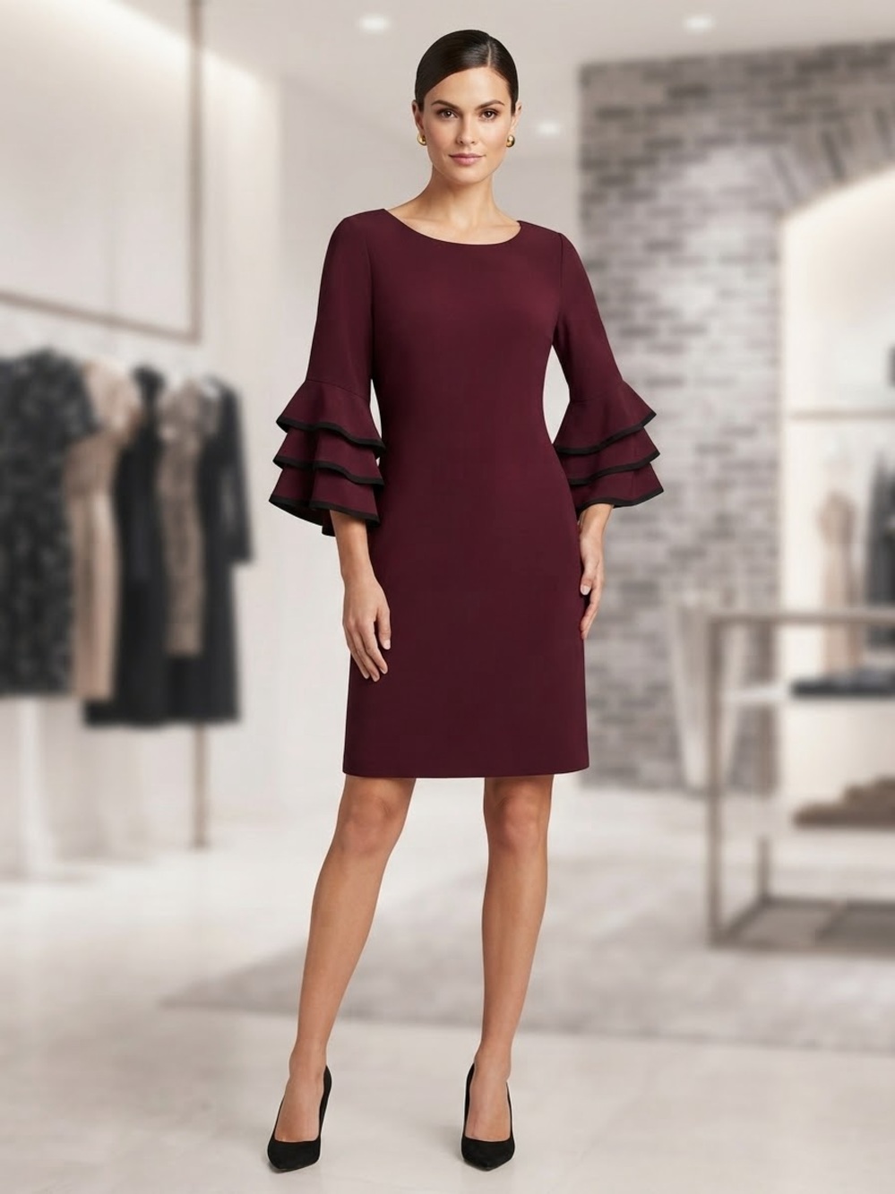 Gabby Skye Wine Ruffle-Sleeve Sheath Dress